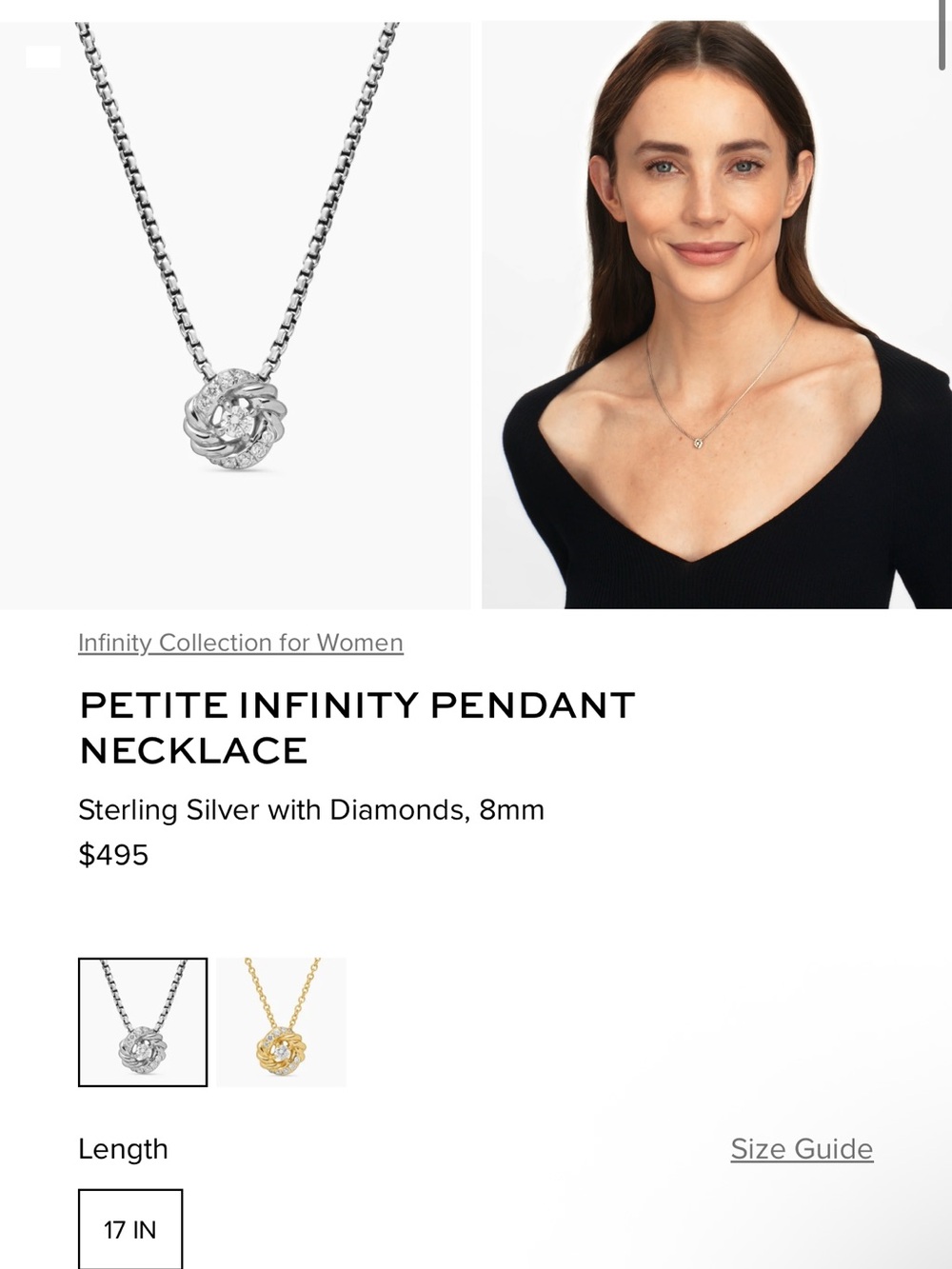 David Yurman Petite Infinity Pendant Necklace - Sterling Silver with Diamonds